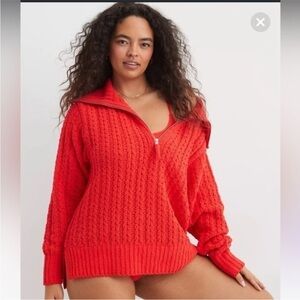 Aerie Chunky Cable Knit Red Cowl Neck Sweater